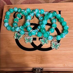 Green and white Beaded Butterfly Charm Bracelet Set